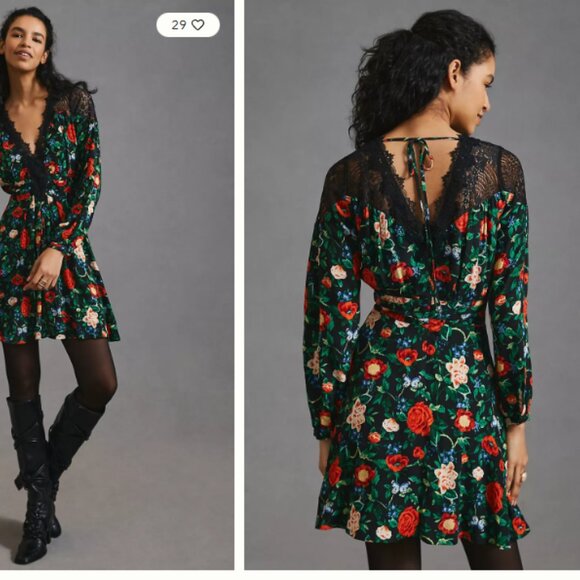 By Anthropologie Lacy V-Neck Mini Dress Floral Black Long Sleeve Size 2 - Picture 8 of 9